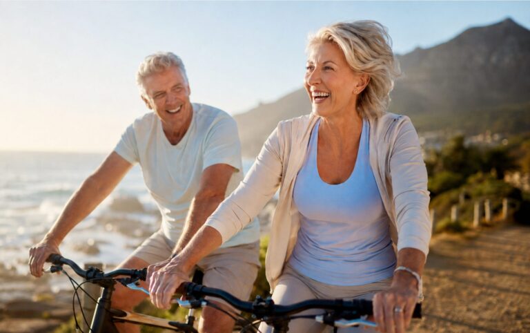 Energetic couple in their sixties enjoying a coastal bike ride