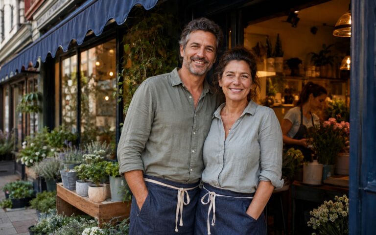 Husband and wife shop owners standing proudly at their storefront